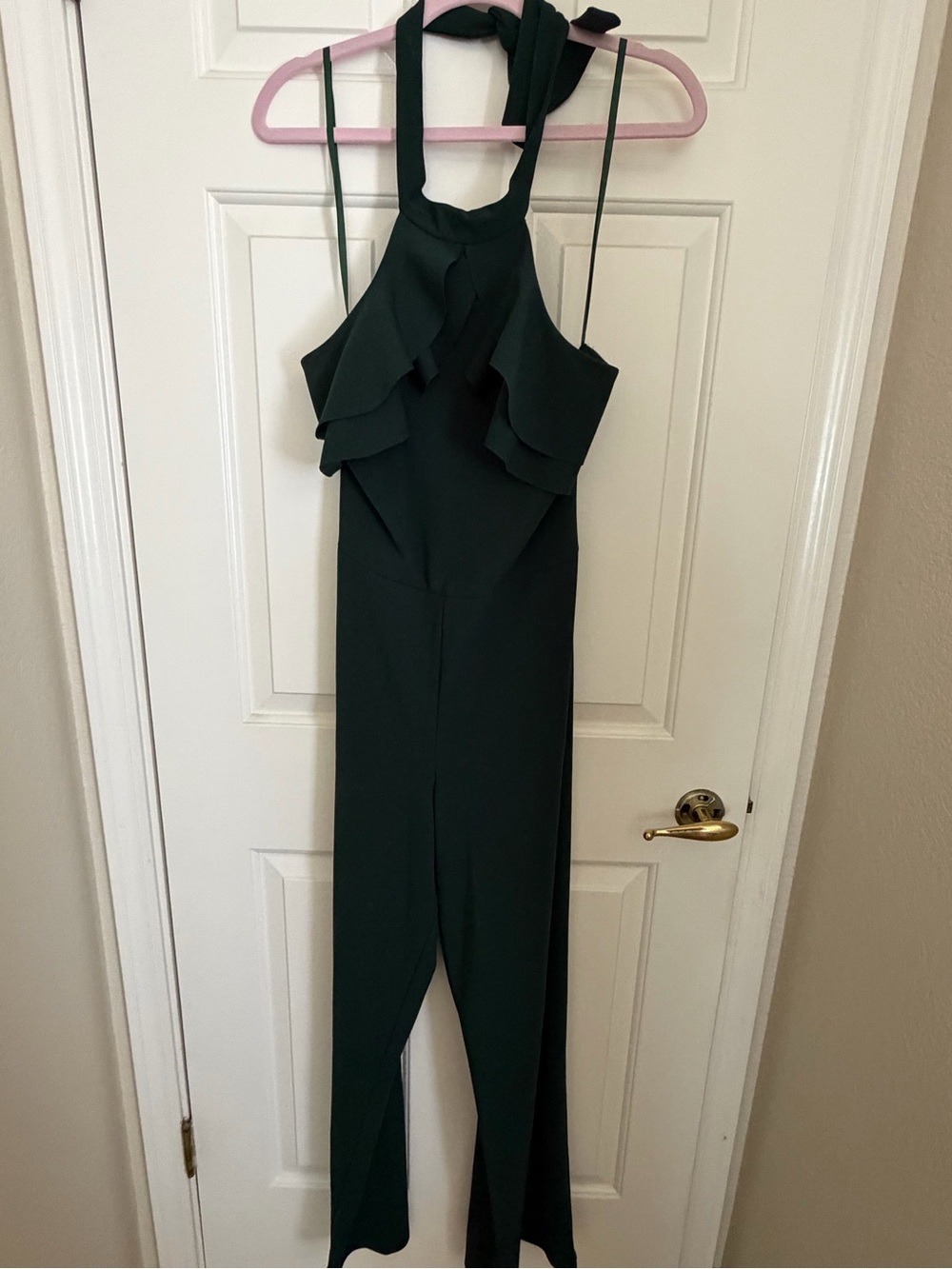 bebe Dark Green Halter Ruffle Jumpsuit